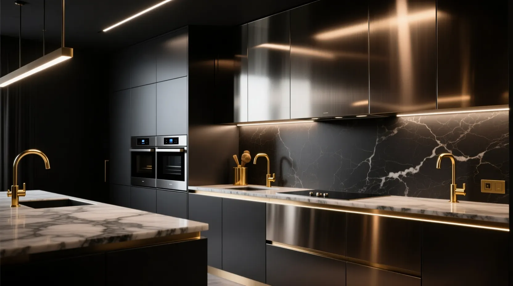 رنگ های محبوب برای طراحی آشپزخانه در ۲۰۲۵ 7 رنگ های تیره و متالیک؛ جسارت و لوکس گرایی