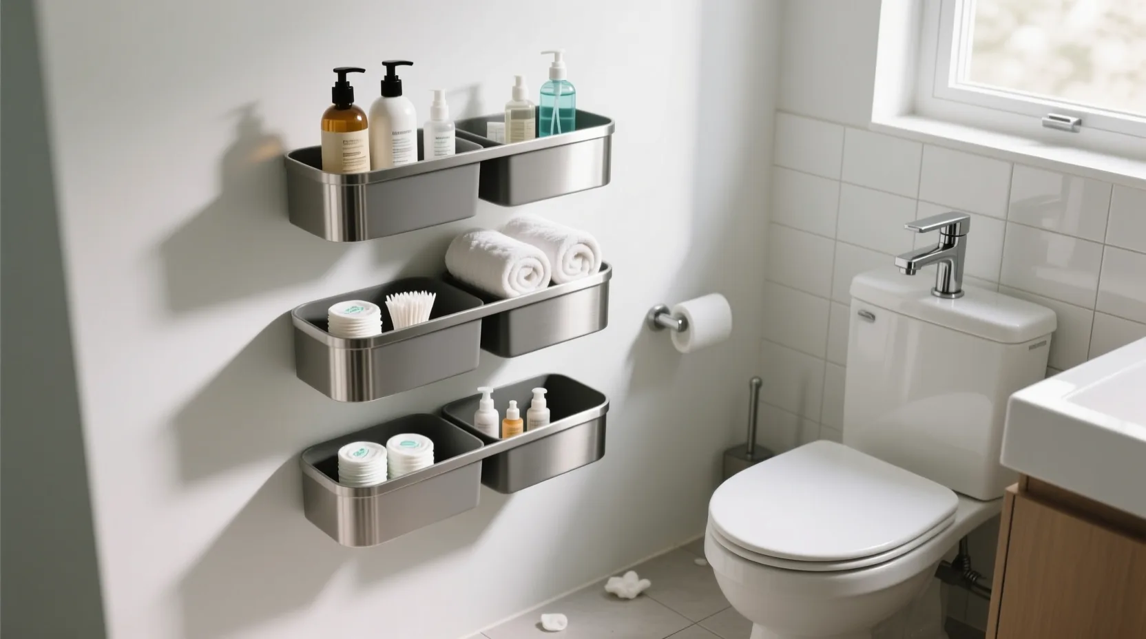 ۵ وسیله کاربردی در سرویس بهداشتی که نباید فراموش کنید 4 سبد یا جاوسیله ای دیواری چندطبقه